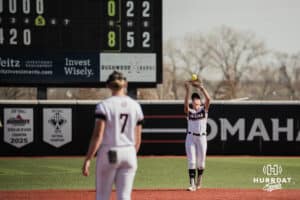 Omaha Maverick gets the final out to run rule NDSU in game one during a softball game at Connie Clausen Field on Friday, March 20, 2026, in Omaha, Nebraska. Photo by Collin Stilen.