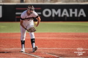 Omaha Maverick Grace Hornbuckle pitches the ball against the North Dakota State Bison during a softball game at Connie Clausen Field on Friday, March 20, 2026, in Omaha, Nebraska. Photo by Collin Stilen.