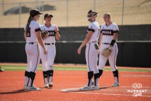 Omaha Mavericks bring out a new pitcher, Grace Hornbuckle, against the North Dakota State Bison during a softball game at Connie Clausen Field on Friday, March 20, 2026, in Omaha, Nebraska. Photo by Collin Stilen.