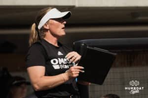 Omaha Maverick assistant coach Jen Brauer talking to her players against the North Dakota State Bison during a softball game at Connie Clausen Field on Friday, March 20, 2026, in Omaha, Nebraska. Photo by Collin Stilen.