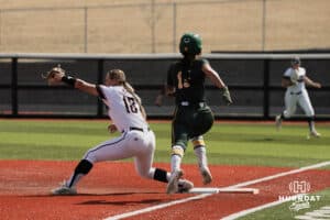 Omaha Maverick Alyson Edwards gets an out at first against the North Dakota State Bison during a softball game at Connie Clausen Field Friday, March 20, 2026, in Omaha, Nebraska. Photo by Collin Stilen.