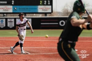 Omaha Maverick Maddia Groff pitches against the North Dakota State Bison during a softball game at Connie Clausen Field on Friday, March 20, 2026, in Omaha, Nebraska. Photo by Collin Stilen.