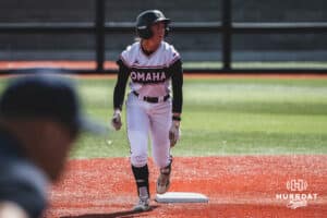 Omaha Maverick Marra Cramer is ready to head to third against the North Dakota State Bison during a softball game at Connie Clausen Field on Friday, March 20, 2026, in Omaha, Nebraska. Photo by Collin Stilen.