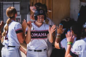 Omaha Maverick Taylor Sedlacek gets high fives against the North Dakota State Bison during a softball game at Connie Clausen Field on Friday, March 20, 2026, in Omaha, Nebraska. Photo by Collin Stilen.