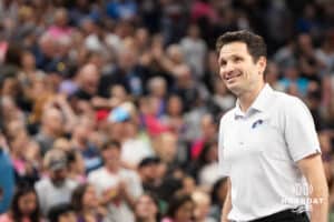 Omaha Supernova head coach Luka Slabe smiles during a major league volleyball match against Grand Rapids on March 20, 2026, in Omaha, Nebraska. Photo by Brandon Tiedemann