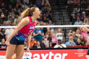 Omaha Supernova Brooke Nuneviller (5) cheers during a major league volleyball match against Grand Rapids on March 20, 2026, in Omaha, Nebraska. Photo by Brandon Tiedemann