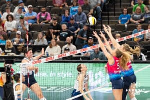 Omaha Supernovas Brooke Nuneviller (5) and Kiara Reinhardt (10) block a kill attempt during a major league volleyball match against Grand Rapids on March 20, 2026, in Omaha, Nebraska. Photo by Brandon Tiedemann