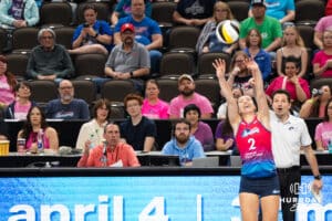 Omaha Supernova Sydney Hilley (2) sets the ball during a major league volleyball match against Grand Rapids on March 20, 2026, in Omaha, Nebraska. Photo by Brandon Tiedemann