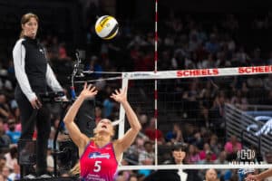Omaha Supernova Brooke Nuneviller (5) sets the ball during a major league volleyball match against Grand Rapids on March 20, 2026, in Omaha, Nebraska. Photo by Brandon Tiedemann