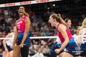 Omaha Supernova Sydney Hilley (2) cheers after a block during a major league volleyball match against Grand Rapids on March 20, 2026, in Omaha, Nebraska. Photo by Brandon Tiedemann