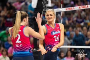 Omaha Supernovas Sydney Hilley (2) and Leyla Blackwell (26) high five during a major league volleyball match against Grand Rapid on March 20, 2026, in Omaha, Nebraska. Photo by Brandon Tiedemann