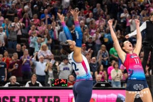 Omaha Supernova Sarah Parsons (11) cheers after sweeping during a major league volleyball match against Grand Rapid on March 20, 2026, in Omaha, Nebraska. Photo by Brandon Tiedemann