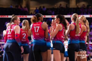 Omaha Supernovas huddle before a major league volleyball match against Grand Rapids on March 20, 2026, in Omaha, Nebraska. Photo by Brandon Tiedemann