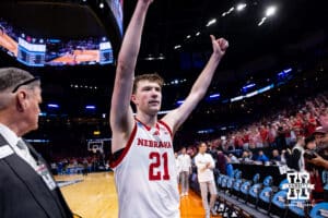 Nebraska Cornhusker forward Pryce Sandfort (21) heads to the locker room after the win over the Troy Trojans during the first round of the NCAA Men’s Basketball Championship on Thursday, March 19, 2026, in Oklahoma City. Photo by John S. Peterson.