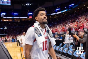 Nebraska Cornhusker guard Jamarques Lawrence (10) heads to the locker room after the win over the Troy Trojans during the first round of the NCAA Men’s Basketball Championship on Thursday, March 19, 2026, in Oklahoma City. Photo by John S. Peterson.