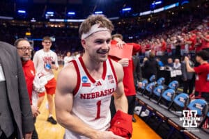 Nebraska Cornhusker guard Sam Hoiberg (1) heads to the locker room after the win over the Troy Trojans during the first round of the NCAA Men’s Basketball Championship on Thursday, March 19, 2026, in Oklahoma City. Photo by John S. Peterson.