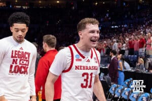 Nebraska Cornhusker guard Cale Jacobsen (31) walks off the court after the win against the Troy Trojans during the first round of the NCAA Men’s Basketball Championship on Thursday, March 19, 2026, in Oklahoma City. Photo by John S. Peterson.