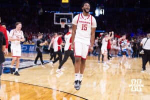 Nebraska Cornhusker forward Jared Garcia (15) bounces off the court after the win against the Troy Trojans during the first round of the NCAA Men’s Basketball Championship on Thursday, March 19, 2026, in Oklahoma City. Photo by John S. Peterson.