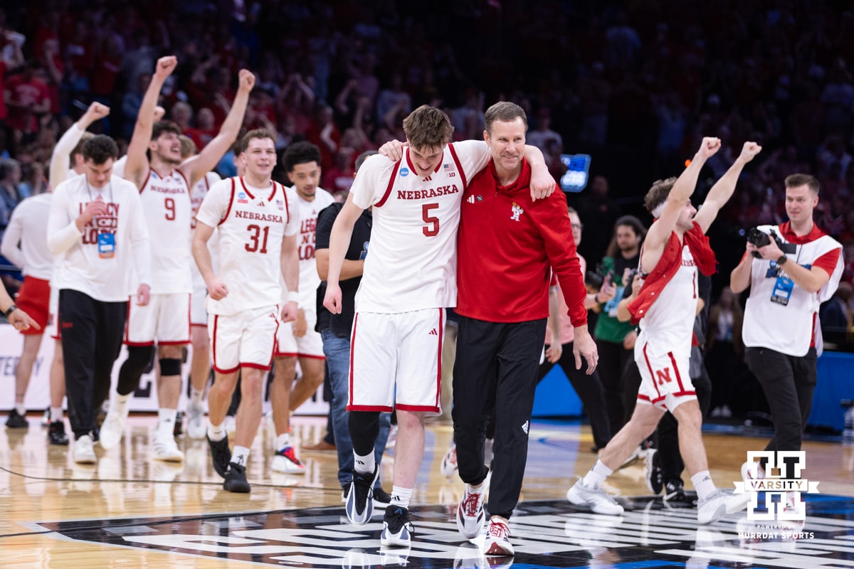Nebraska Cornhusker head coach Fred Hoiberg and Braden Frager walking together after the win over the Troy Trojans during the first round of the NCAA Men’s Basketball Championship on Thursday, March 19, 2026, in Oklahoma City. Photo by John S. Peterson.