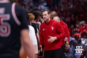 Nebraska Cornhusker head coach Fred Hoiberg shaking hand with the Troy Trojans after the win during the first round of the NCAA Men’s Basketball Championship on Thursday, March 19, 2026, in Oklahoma City. Photo by John S. Peterson.