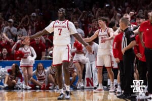 Nebraska Cornhusker forward Justin Bolis (7) celebrates the win over the Troy Trojans during the first round of the NCAA Men’s Basketball Championship on Thursday, March 19, 2026, in Oklahoma City. Photo by John S. Peterson.