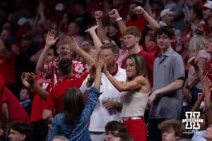 Nebraska Cornhuskers celebrates a three point basket against the Troy Trojans in the second half during the first round of the NCAA Men’s Basketball Championship on Thursday, March 19, 2026, in Oklahoma City. Photo by John S. Peterson.