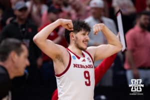 Nebraska Cornhusker forward Berke Büyüktuncel (9) celebrates against the Troy Trojans in the second half during the first round of the NCAA Men’s Basketball Championship on Thursday, March 19, 2026, in Oklahoma City. Photo by John S. Peterson.