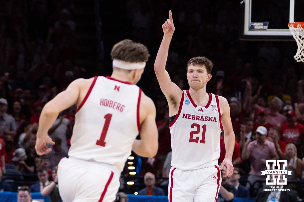 Nebraska Cornhusker forward Pryce Sandfort (21) celebrates making a three point basket against the Troy Trojans in the second half during the first round of the NCAA Men’s Basketball Championship on Thursday, March 19, 2026, in Oklahoma City. Photo by John S. Peterson.