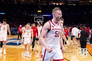 Nebraska Cornhuskers head to the locker room at halftime against the Troy Trojans during the first round of the NCAA Men’s Basketball Championship on Thursday, March 19, 2026, in Oklahoma City. Photo by John S. Peterson.