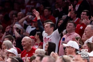 Nebraska Cornhusker forward Pryce Sandfort's brother Payton celebrates a three against the Troy Trojans in the first half during the first round of the NCAA Men’s Basketball Championship on Thursday, March 19, 2026, in Oklahoma City. Photo by John S. Peterson.