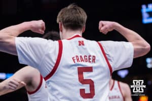 Nebraska Cornhusker forward Braden Frager (5) flexes after making a lay up against the Troy Trojans in the first half during the first round of the NCAA Men’s Basketball Championship on Thursday, March 19, 2026, in Oklahoma City. Photo by John S. Peterson.
