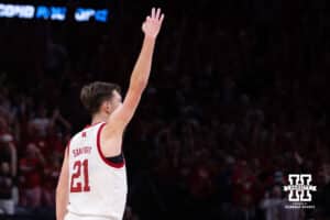 Nebraska Cornhusker forward Pryce Sandfort (21) celebrates making a three point basket during the first round of the NCAA Men’s Basketball Championship on Thursday, March 19, 2026, in Oklahoma City. Photo by John S. Peterson.