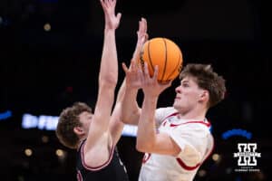 Nebraska Cornhusker forward Braden Frager (5) makes a contsZ during the first round of the NCAA Men’s Basketball Championship on Thursday, March 19, 2026, in Oklahoma City. Photo by John S. Peterson.