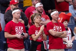 Nebraska Cornhusker fans wearting headbands against the Troy Trojans during the first round of the NCAA Men’s Basketball Championship on Thursday, March 19, 2026, in Oklahoma City. Photo by John S. Peterson.