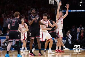 Nebraska Cornhuskers celebratee sls-d during the first round of the NCAA Men’s Basketball Championship on Thursday, March 19, 2026, in Oklahoma City. Photo by John S. Peterson.