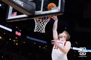Nebraska Cornhusker forward Rienk Mast (51) makes a lay up against the Troy Trojans in the first half during the first round of the NCAA Men’s Basketball Championship on Thursday, March 19, 2026, in Oklahoma City. Photo by John S. Peterson.