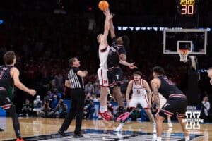 Nebraska Cornhusker forward Rienk Mast (51) wins the tip-off against the Troy Trojans during the first round of the NCAA Men’s Basketball Championship on Thursday, March 19, 2026, in Oklahoma City. Photo by John S. Peterson.
