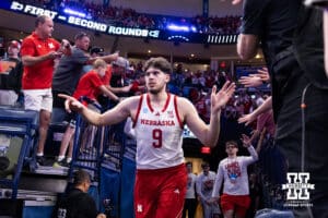 Nebraska Cornhusker forward Berke Büyüktuncel (9) runs out to the court during the first round of the NCAA Men’s Basketball Championship on Thursday, March 19, 2026, in Oklahoma City. Photo by John S. Peterson.