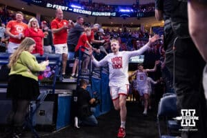 Nebraska Cornhusker forward Rienk Mast (51) runs out from the locker room during the first round of the NCAA Men’s Basketball Championship on Thursday, March 19, 2026, in Oklahoma City. Photo by John S. Peterson.