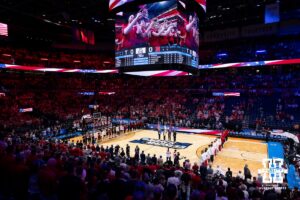 The National Anthem being performed before the the game between Nebraska and Troy during the first round of the NCAA Men’s Basketball Championship on Thursday, March 19, 2026, in Oklahoma City. Photo by John S. Peterson.