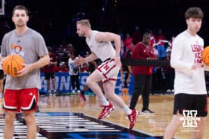 Nebraska Cornhusker forward Rienk Mast (51) warms up before taking on the Troy Trojans during the first round of the NCAA Men’s Basketball Championship on Thursday, March 19, 2026, in Oklahoma City. Photo by John S. Peterson.