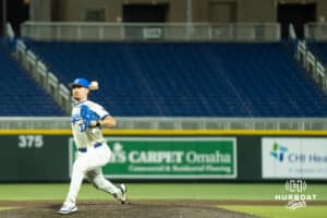 Creighton Bluejay JT Adams (37) closes the game out during a college baseball game Omaha on March 18, 2026, in Omaha, Nebraska. Photo by Brandon Tiedemann