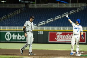 Creighton Bluejay Connor Capece (2) celebrates a RBI single during a college baseball game against Omaha on March 18, 2026, in Omaha, Nebraska. Photo by Brandon Tiedemann