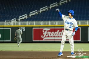 Creighton Bluejay Nick Venteicher (12) celebrates a RBI single during a college baseball game against Omaha on March 18, 2026, in Omaha, Nebraska. Photo by Brandon Tiedemann