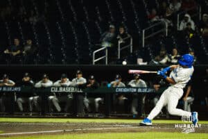 Creighton Bluejay Lew Rice (3) hits the ball during a college baseball game against Omaha on March 18, 2026, in Omaha, Nebraska. Photo by Brandon Tiedemann