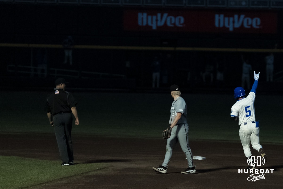Creighton Bluejay Nate McHugh (5) celebrates a home run during a college baseball game against Omaha on March 18, 2026, in Omaha, Nebraska. Photo by Brandon Tiedemann