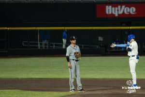 Creighton Bluejay Teddy Deters (4) celebrates a double during a college baseball game against Omaha on March 18, 2026, in Omaha, Nebraska. Photo by Brandon Tiedemann