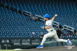 Creighton Bluejay Brian Gould (23) pitches during a college baseball game against Omaha on March 18, 2026, in Omaha, Nebraska. Photo by Brandon Tiedemann