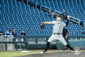 Omaha Maverick Nick Riggs (32) pitches during a college baseball game against Creighton on March 18, 2026, in Omaha, Nebraska. Photo by Brandon Tiedemann