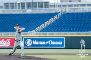 Omaha Maverick Isaak Crittenden (16) pitches during a college baseball game against Creighton on March 18, 2026, in Omaha, Nebraska. Photo by Brandon Tiedemann